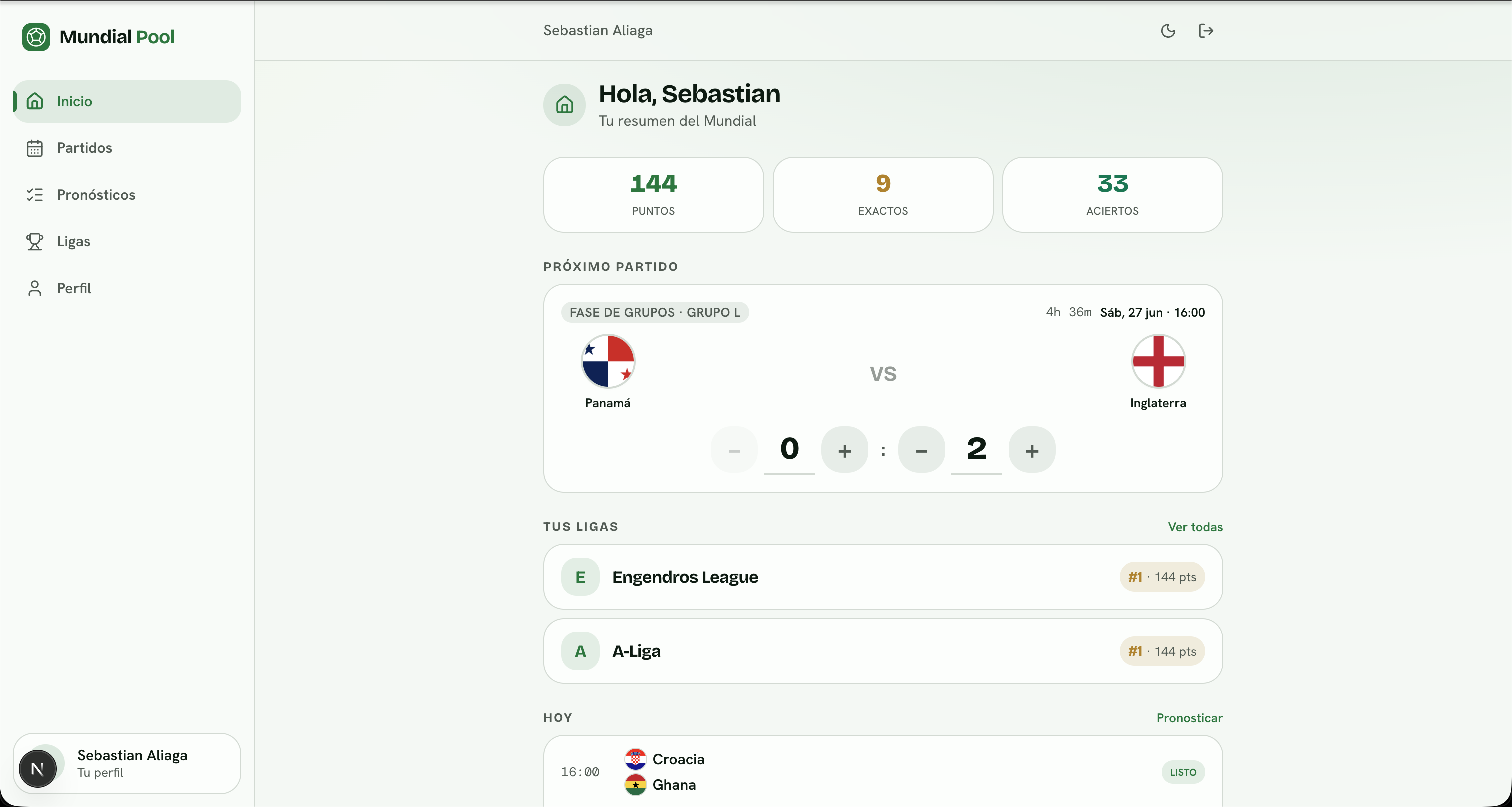Home dashboard showing personal stats, next match to predict, and league positions
