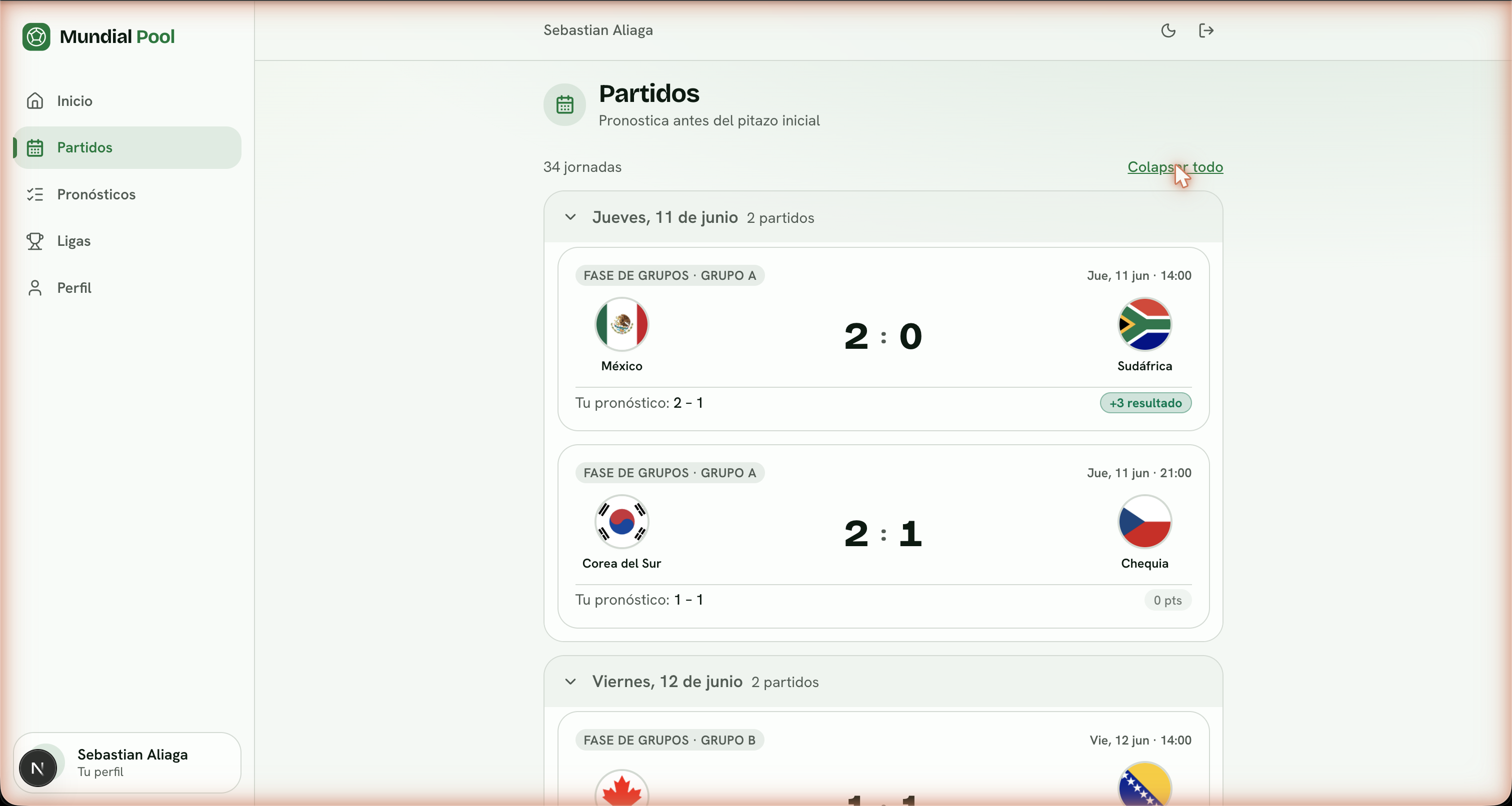 Matches page showing completed games with predictions and points earned